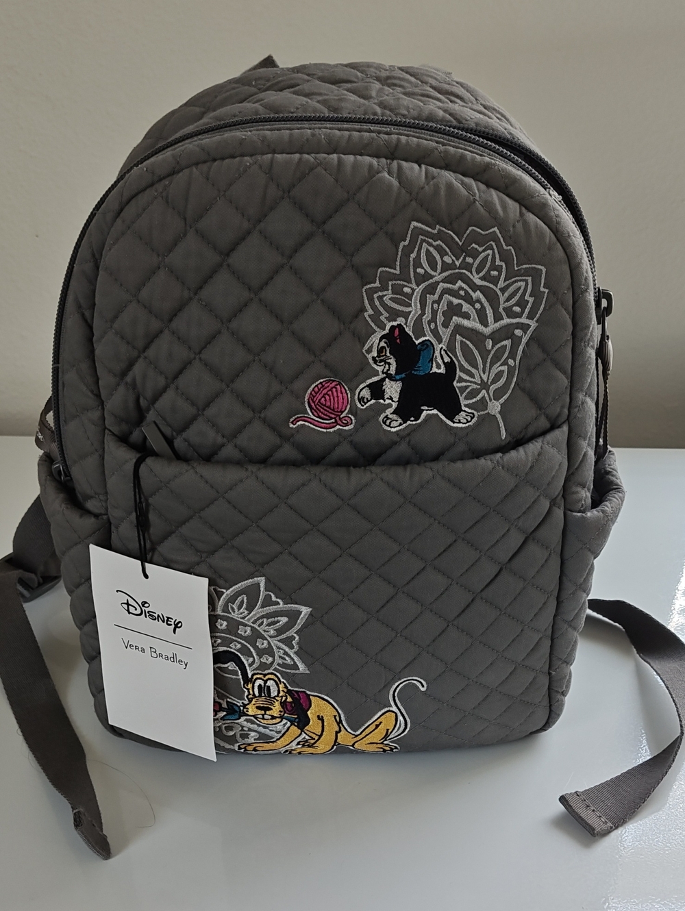 Disney Vera Bradley Quilted Gray Mini Backpack with Embroidered Characters